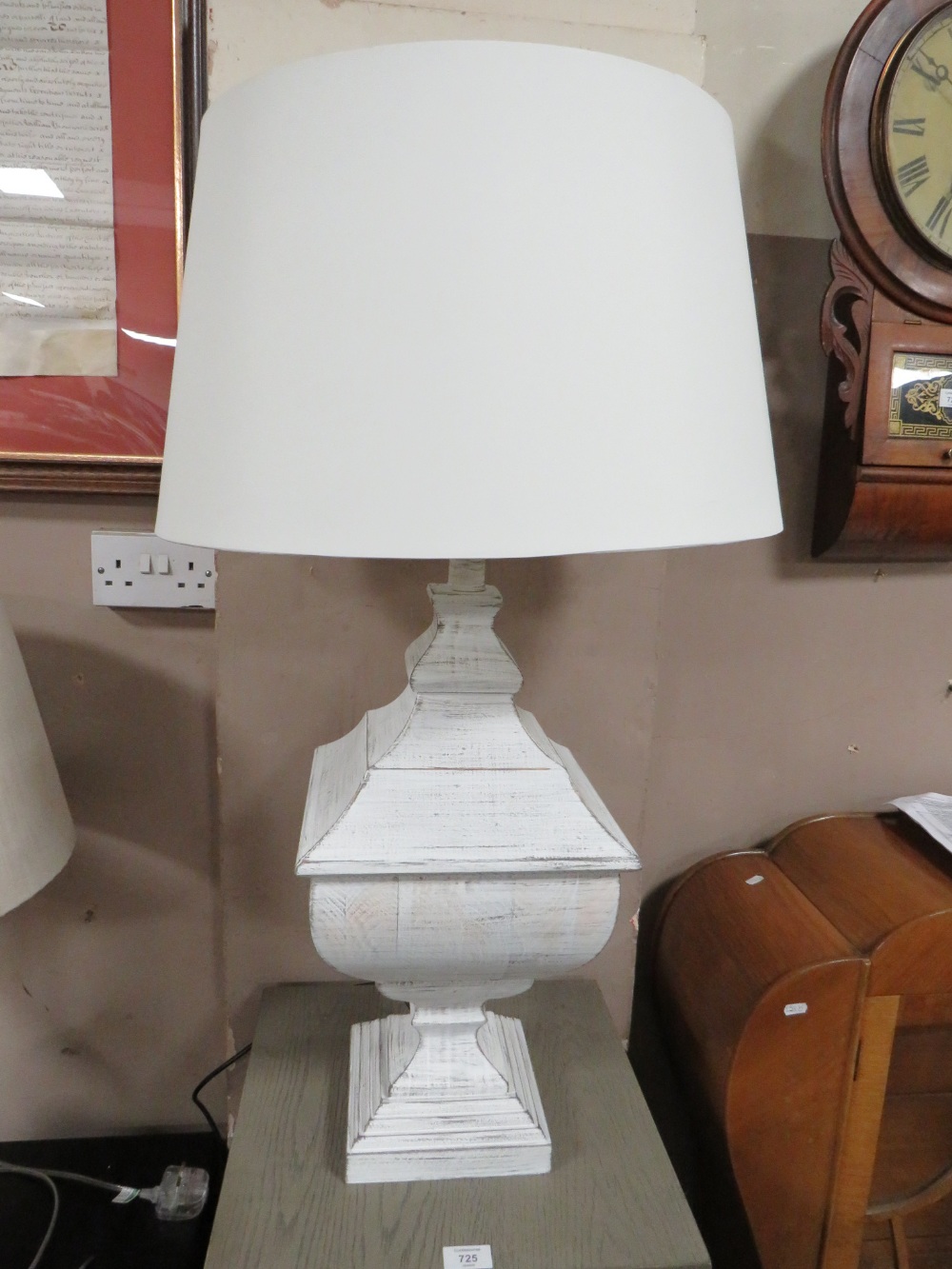 A MODERN GREY PEDESTAL AND A WHITE TABLE LAMP & SHADE (2) - Image 2 of 4