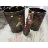 TWO HAND-PAINTED FLORAL WASTE PAPER BINS TOGETHER WITH A CARVED AFRICAN STYLE STATUE