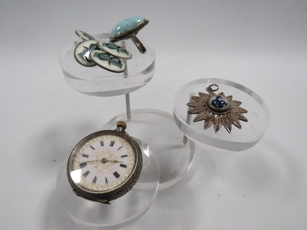 A CONTINENTAL SILVER FOB WATCH WITH INLAID DIAL TOGETHER WITH A FILIGREE PENDANT, HALLMARKED