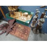 A TRAY OF TREEN TO INCLUDE CARVED BLACK FOREST STYLE EAGLE, MODEL SAIL SHIP ETC