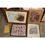 FOUR ASSORTED PICTURES TO INC CIGARETTE CARDS & A SMALL GILT FRAME (5)