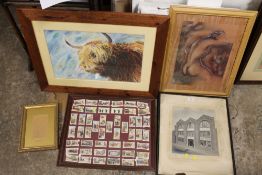 FOUR ASSORTED PICTURES TO INC CIGARETTE CARDS & A SMALL GILT FRAME (5)