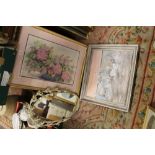 A LARGE FRAMED FLORAL WATERCOLOUR TOGETHER WITH A MIRROR, OIL ON BOARD OF HORSES ETC (4)