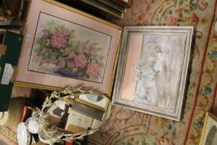 A LARGE FRAMED FLORAL WATERCOLOUR TOGETHER WITH A MIRROR, OIL ON BOARD OF HORSES ETC (4)