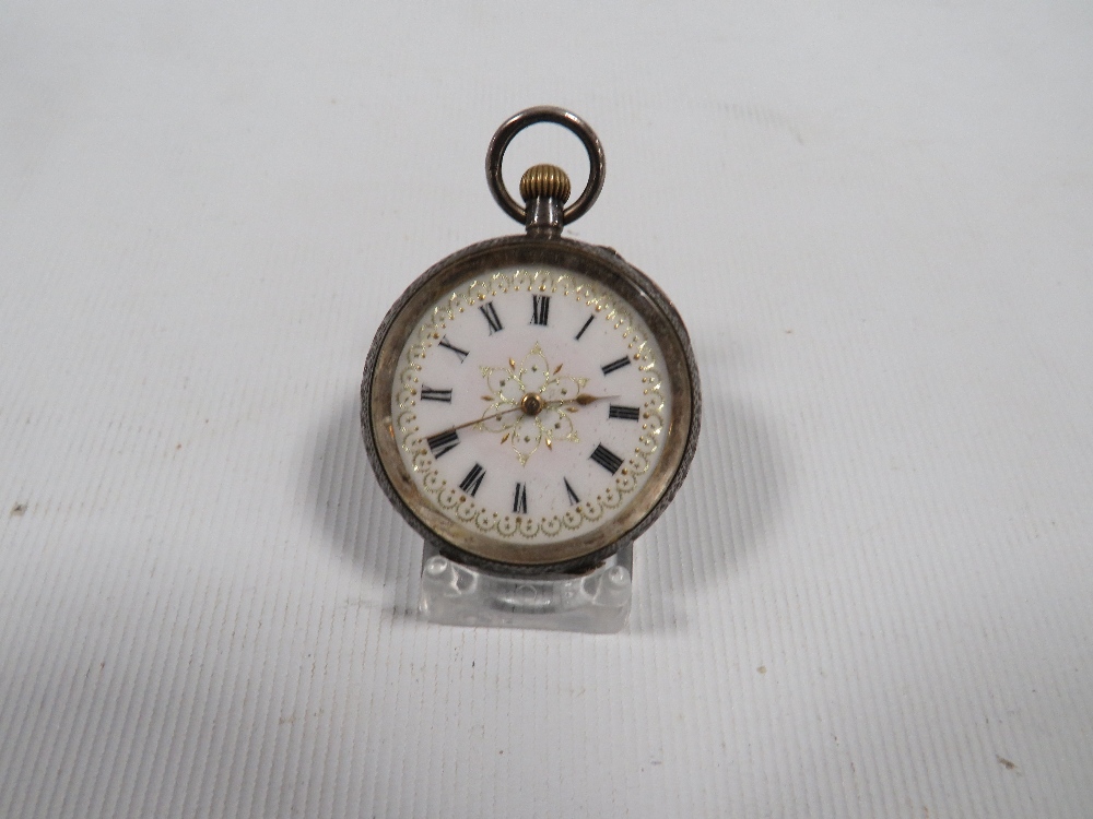 A CONTINENTAL SILVER FOB WATCH WITH INLAID DIAL TOGETHER WITH A FILIGREE PENDANT, HALLMARKED - Image 5 of 5