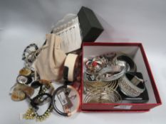 A BAG AND BOX OF ASSORTED COSTUME JEWELLERY