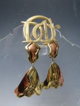 A VINTAGE PARFUMS CHRISTIAN DIOR GOLDTONE BROOCH, W 6.2 cm, together with a pair of hand crafted