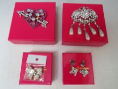 A BUTLER AND WILSON HEART WITH ARROW BROOCH, W 8.5 cm, a diamante & pearl brooch - H 9.5 cm, a small