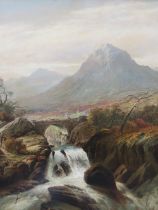 WILLIAM HENRY MANDER (1850-1922). Mountainous rocky river scene with cattle and drover on