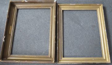A 19TH CENTURY GOLD FRAME, frame W 9 cm, rebate 62 x 46 cm, together with another similar frame,