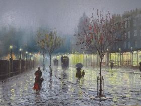 JOHN BAMPFIELD (b.1948). Impressionist rainy evening street scene with horse and carriages and