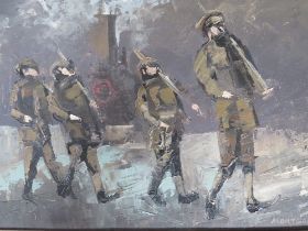 MONTGOMERY (XX). WW1 scene with four soldiers before a steam train, signed lower right, oil on