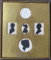 A 19TH CENTURY FRAMED SET OF SILHOUETTES ON PAPER, two rectangular, one circular, one oval and one