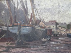 JOHN NEALE (b.1900). Modern British school, 'Barges Moored at Pin Mill Suffolk', see verso, signed