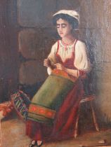 (XIX) Continental school, seated peasant woman before a wall, unsigned, oil on canvas, framed, 20