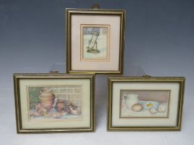 JANET SHEATH (XX). Three miniature watercolours on ivorine 'Nearly Tea Time', Time' and a study of