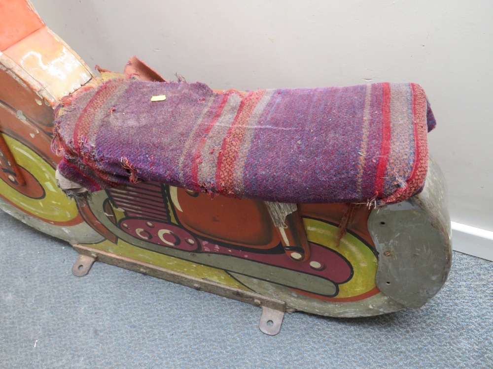 A FAIRGROUND PAINTED WOOD CAROUSEL MOTORBIKE, with polychrome decoration, on metal bracket stand, - Image 3 of 5