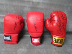 THREE SIGNED BOXING GLOVES, to include Ray Leonard, Marvin Hagler and Jake La Motta