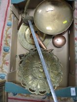 A BOX OF BRASS / BRONZE TO INCLUDE A SWORD