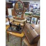 AN ANTIQUE MAHOGANY DRESSING MIRROR, WICKER SEAT STOOL AND CASED SINGER SEWING MACHINE (3)
