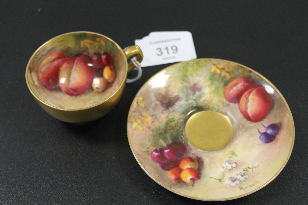 ROYAL WORCESTER 'FALLEN FRUIT' CABINET CUP AND SAUCER - SIGNED RICKETTS C1913