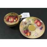 ROYAL WORCESTER 'FALLEN FRUIT' CABINET CUP AND SAUCER - SIGNED RICKETTS C1913