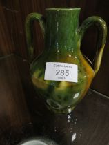 A TWIN HANDLED DRIP GLAZE VASE STAMPED F.P.P. ? VALLAURIS FRANCE