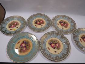 SIX AYNSLEY 'ORCHARD GOLD' CABINET PLATES - SIGNED ( 6 LIGHT BLUE )