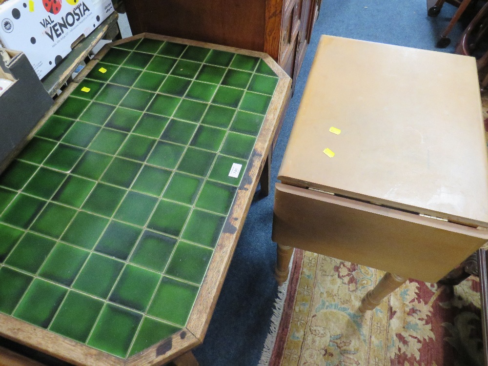 AN OAK TILE TOP TABLE TOGETHER WITH A SMALL TABLE (2) - Image 2 of 2