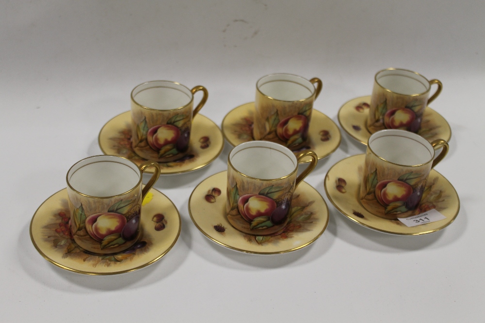 SIX AYNSLEY 'ORCHARD GOLD' COFFEE CUPS AND SAUCERS - SIGNED