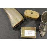TWO VINTAGE HORN SNUFF BOXES TOGETHER WITH BRASS STAMP BOX AND A PIN CUSHION IN THE FORM OF A SHOE