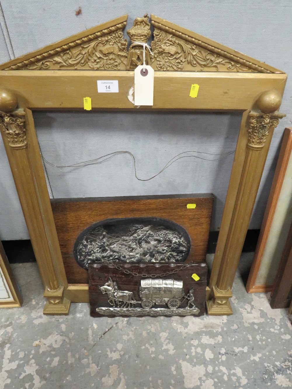 A CLASSICAL GILT FRAME WITH ARCHITECTURAL DETAIL PLUS A CAST PLAQUE AND A MODERN PLAQUE (3)