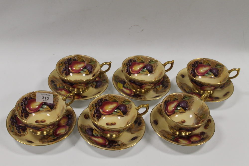 SIX AYNSLEY 'ORCHARD GOLD' CABINET CUPS AND SAUCERS - SIGNED