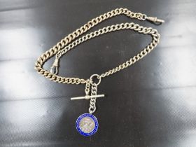 A GENTS WHITE METAL DOUBLE ALBERT POCKET WATCH CHAIN WITH SILVER FOB MEDAL