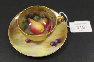 ROYAL WORCESTER 'FALLEN FRUIT' CABINET CUP AND SAUCER - SIGNED H. EVERETT C1926