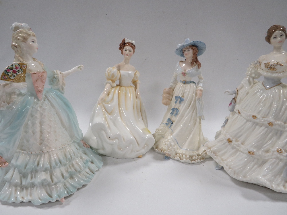 A ROYAL DOULTON FIGURINE "SHALL I COMPARE THEE" TOGETHER WITH "NATALIE" AND TWO COALPORT