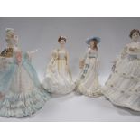 A ROYAL DOULTON FIGURINE "SHALL I COMPARE THEE" TOGETHER WITH "NATALIE" AND TWO COALPORT