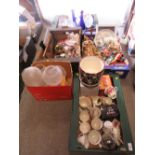 FIVE TRAYS OF ASSORTED CERAMICS TO INCLUDE ROYAL ALBERT, GLASSWARE, LIGHT SHADES ETC