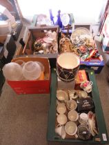 FIVE TRAYS OF ASSORTED CERAMICS TO INCLUDE ROYAL ALBERT, GLASSWARE, LIGHT SHADES ETC