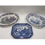 THREE VINTAGE SERVING PLATES TO INCLUDE BLUE /WHITE EXAMPLE