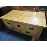 A LIGHT OAK COFFEE TABLE WITH SLIDING TOP & DRAWERS A/F