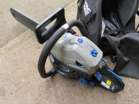 A MACALLISTER PETROL CHAINSAW WITH INSTRUCTIONS AND BAG