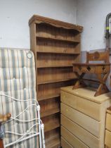 A TALL HONEY PINE OPEN BOOKCASE - 240 X 106 CM