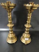 A ORNATE PAIR OF ECCLESIASTICAL CANDLESTICKS - 'ST MARYS ABBEY'