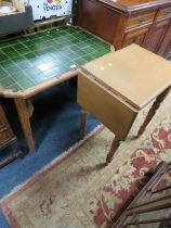 AN OAK TILE TOP TABLE TOGETHER WITH A SMALL TABLE (2)