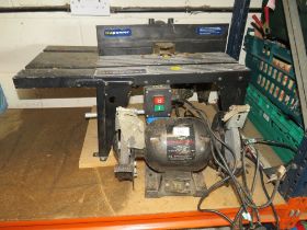 A NU POWER ROUTER, A BENCH TOP TABLE TOGETHER WITH A BENCH GRINDER