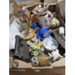 A TRAY OF ASSORTED CERAMICS ETC TO INCLUDE A MASONS JUG