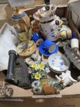 A TRAY OF ASSORTED CERAMICS ETC TO INCLUDE A MASONS JUG