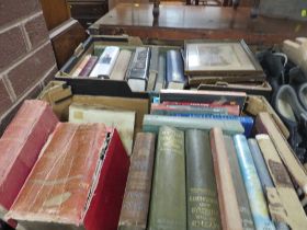 TWO TRAYS OF ASSORTED BOOKS TO INCLUDE THE MYTHS OF GREECE AND ROME, REF ATLAS OF GREATER LONDON AND