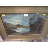 A 19TH / 20TH CENTURY OIL ON BOARD MOON LIT WOODED LAKE SCENE - FRAMED AND GLAZED